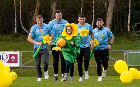 Garry Ringrose, James Ryan, Hugo Keenan, Andrew Porter and the Daffodil Day mascot